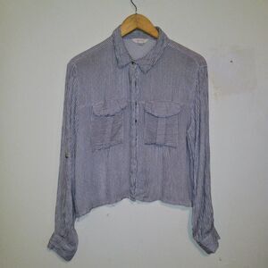 Sim & Sam Pinstripe Button Up Blouse-Large-Hidden Placket-Roll Tab Sleeve-Pocket